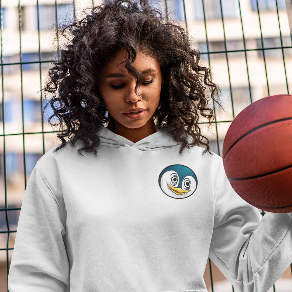 a woman with a basketball wearing a white hoodie with the F333tzSuffer design from happyf333tz