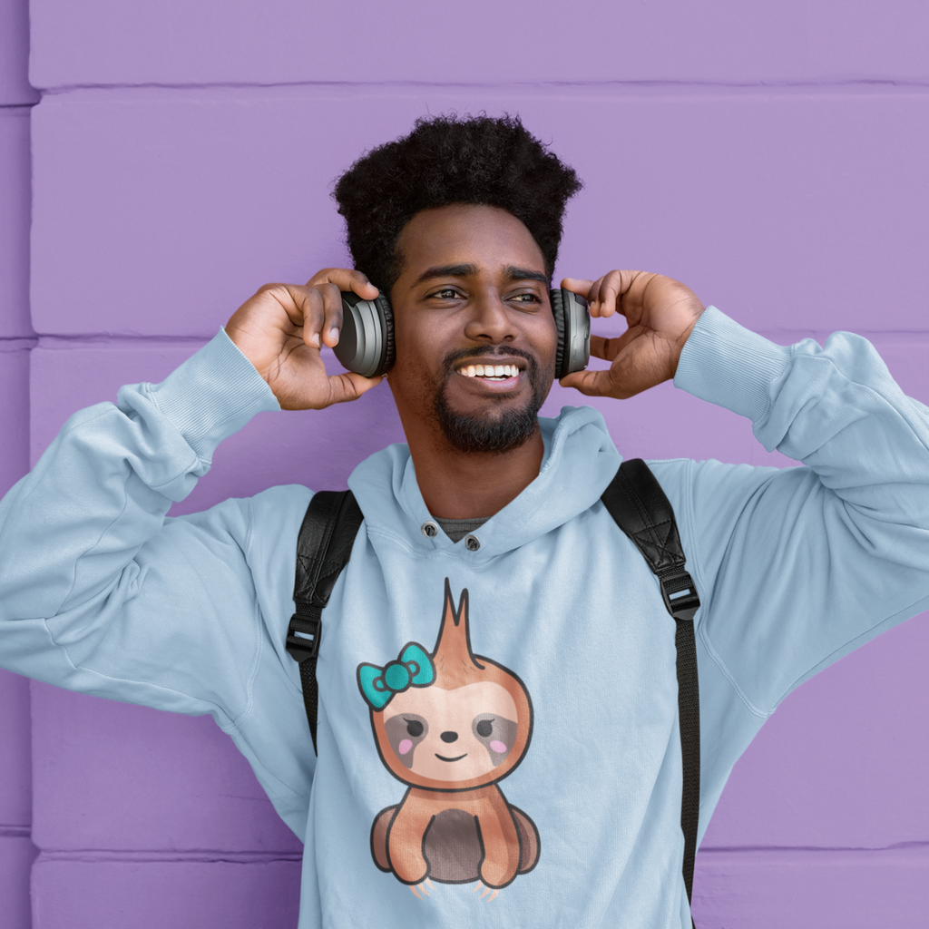 man with headphones wearing a blue hoodie with the megggg fred design