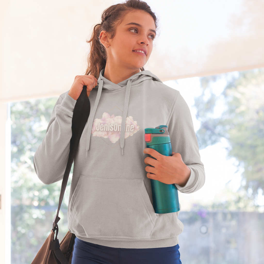 a woman with a water bottle wearing a grey light weight hoodie with the cloud logo from JenIsOnline