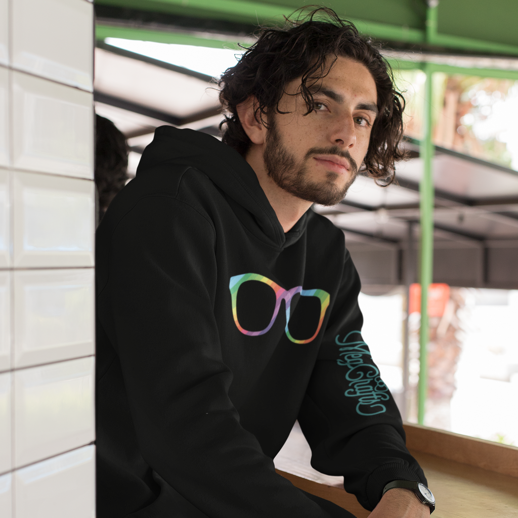 man with long hair wearing a black hoodie with the megggg rainbow glasses design and the meg crafts wordmark on the left sleeve