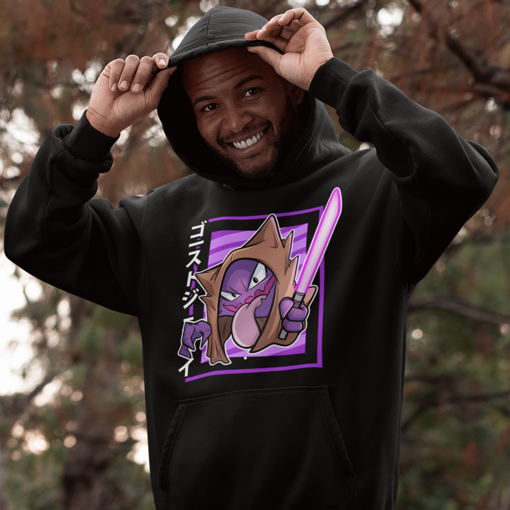 a man in the woods wearing a black hoodie with the haunter tongue design from GeorgeWAmbush