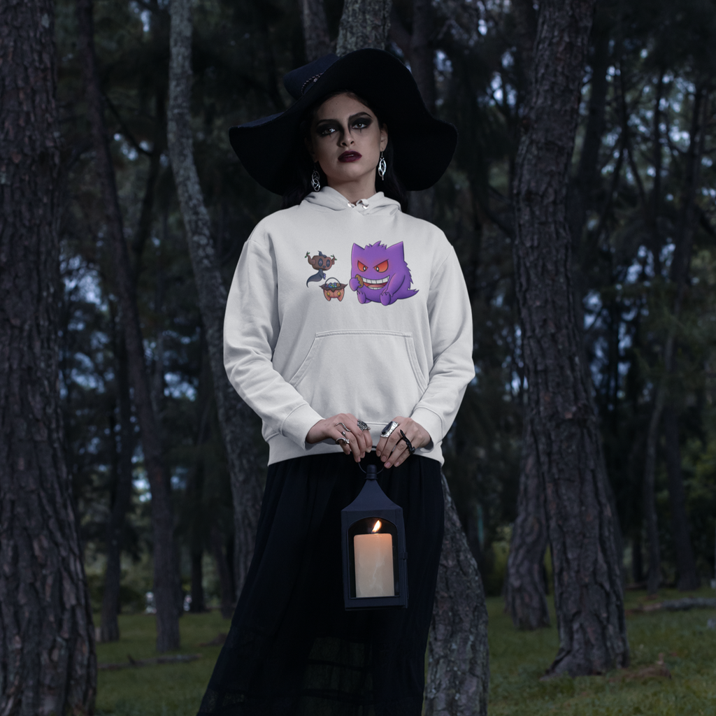 a woman with a witches hat wearing a white hoodie with the Gengar and Phantump Halloween design from CoreyAndAshley