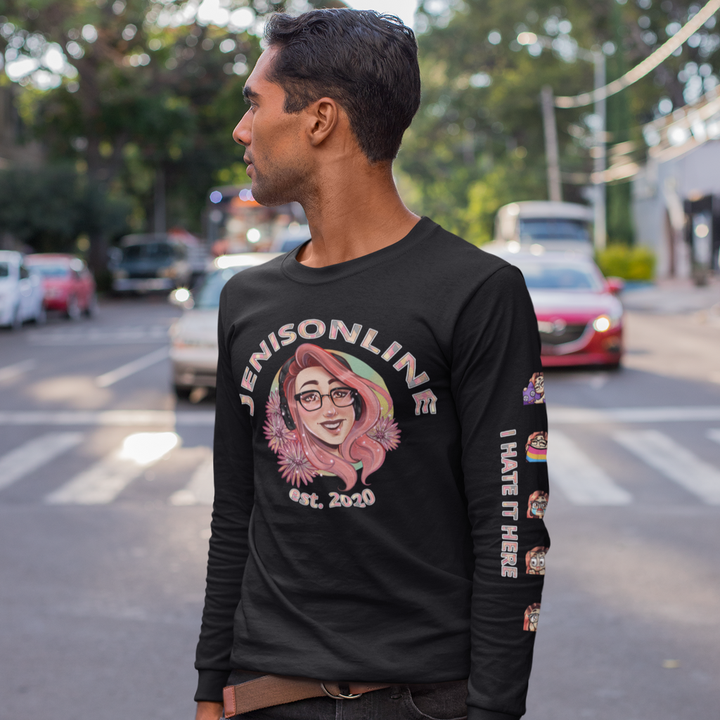 a man standing in the street wearing a black long sleeved tshirt with the JenIsOnline streetwear design.