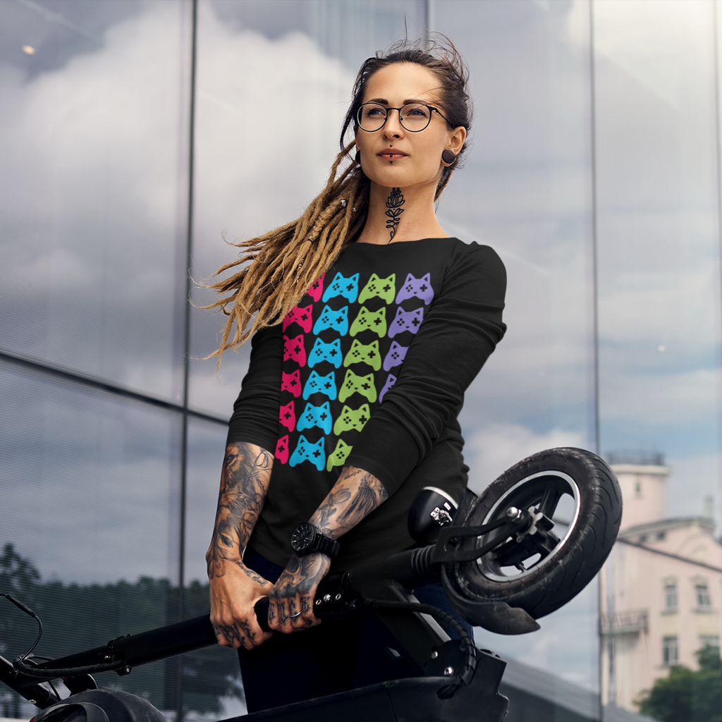 Woman wearing long-sleeve t-shirt w/ EJSturk Catroller Colors design