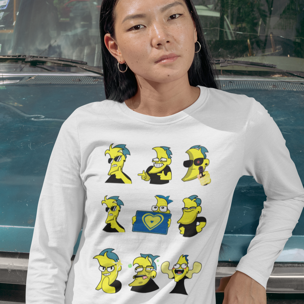 Woman wearing white long-sleeve tee with Banana Faces design
