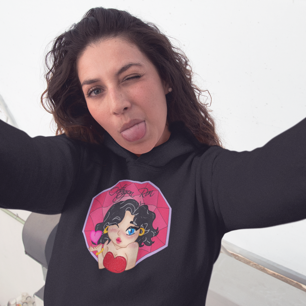 woman taking a selfie wearing a black hoodie with the octagon ron kiss design.
