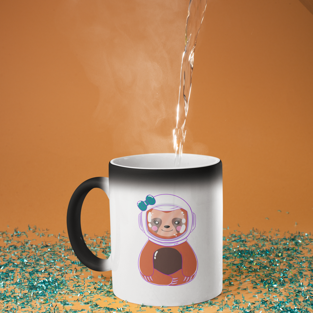 A magic mug with hot water pouring in to it and revealing the fred bezos design