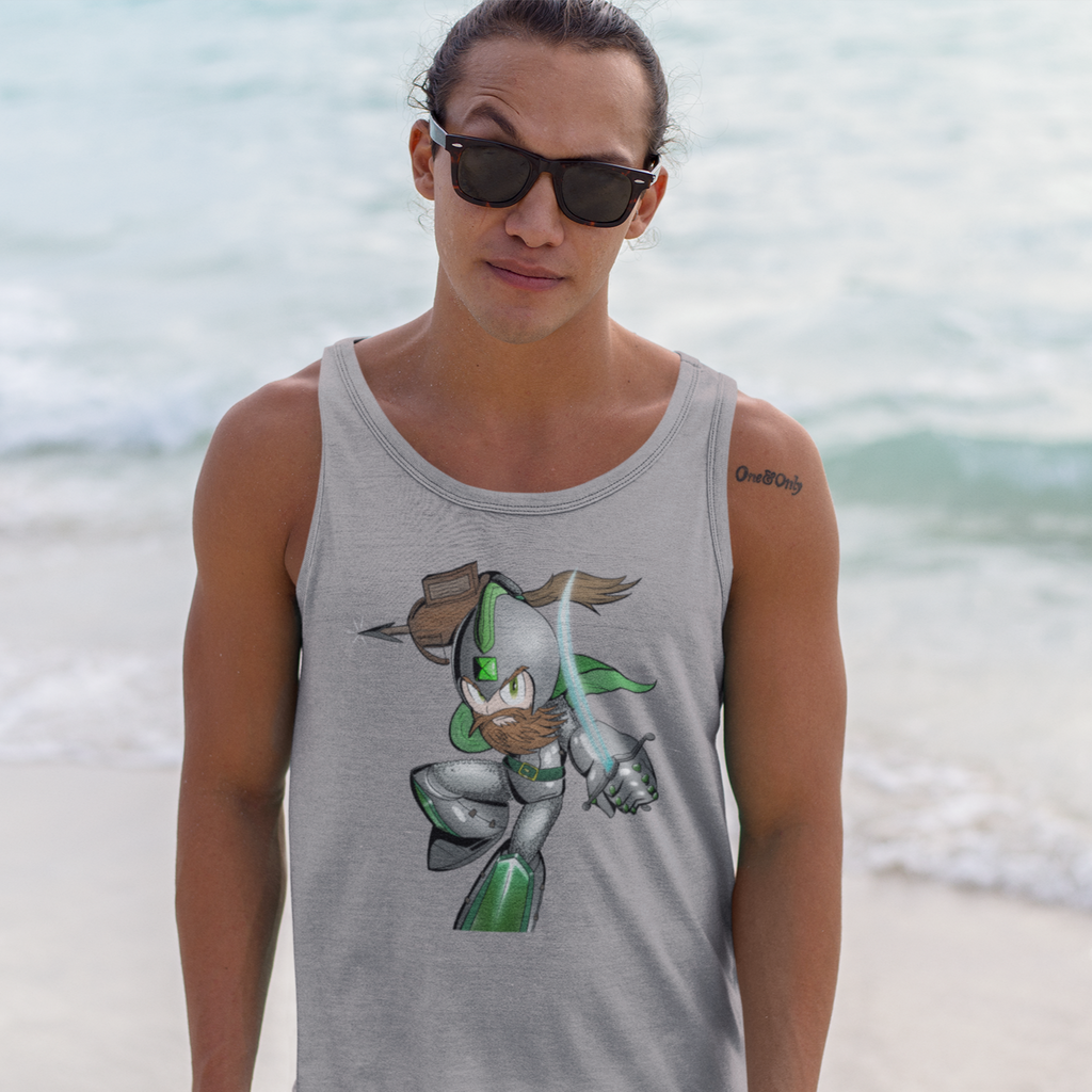 a man at the beach wearing an athletic heather tank top with the megaman2202 logo design