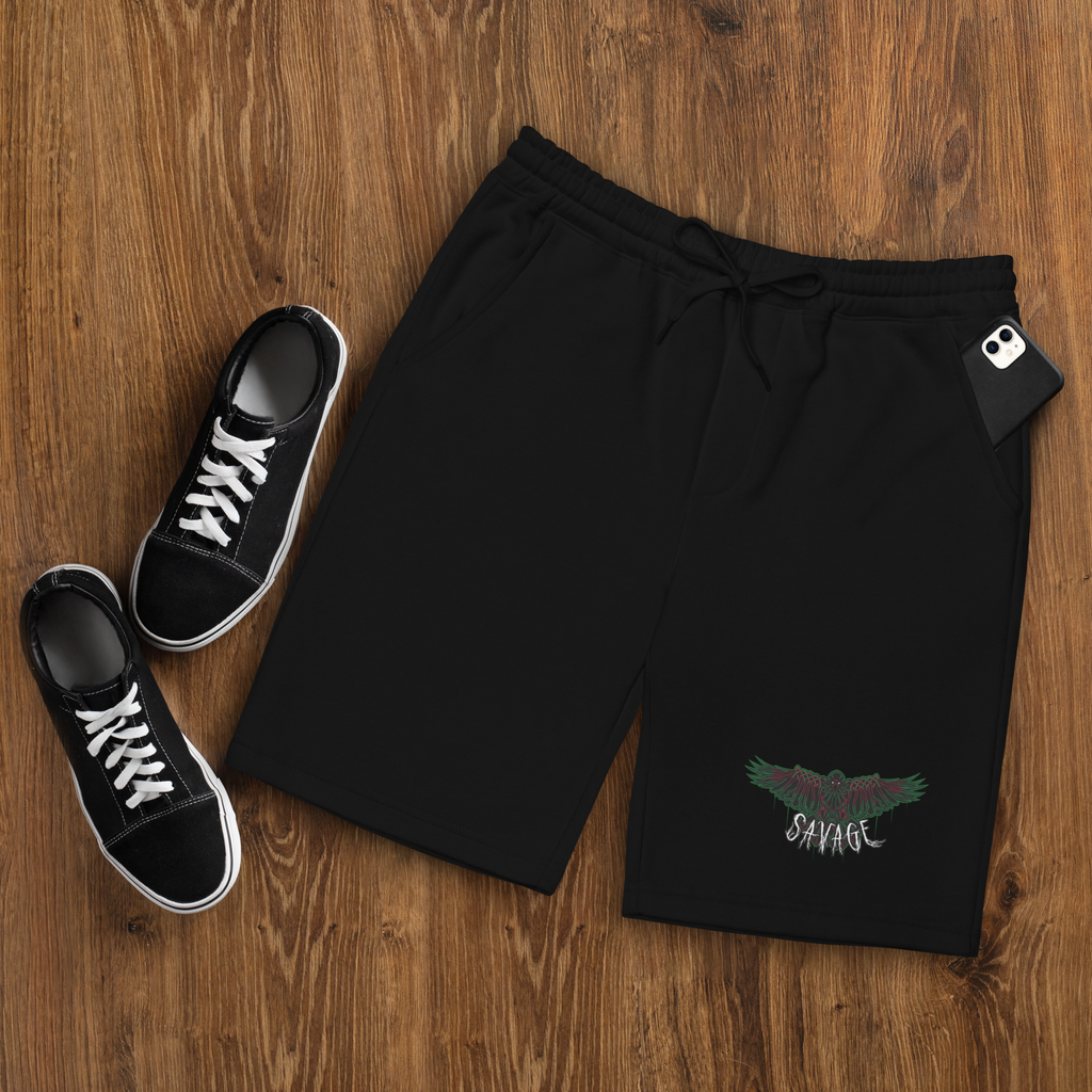 Black fleece shorts with Raven Savage design
