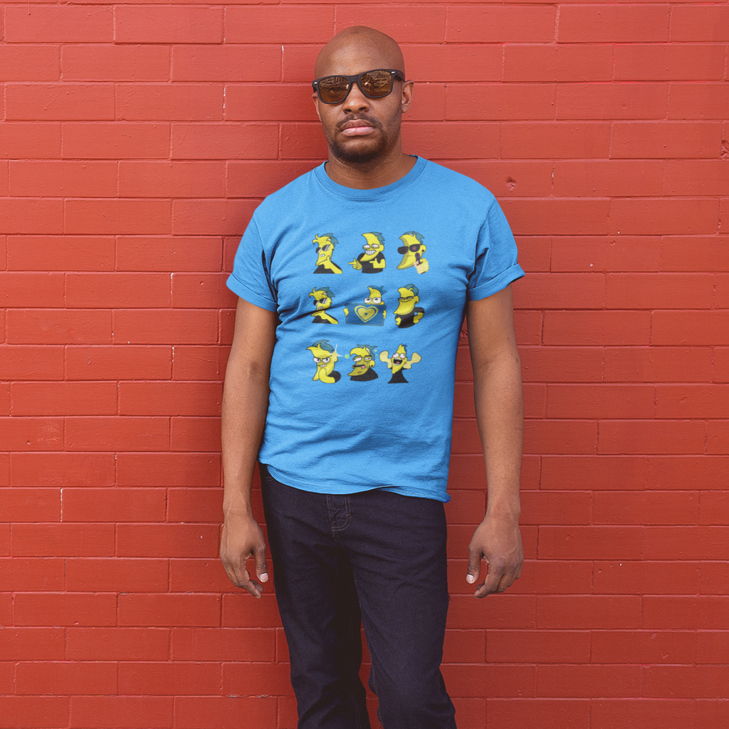 Man wearing blue short-sleeve tee with Banana Faces design