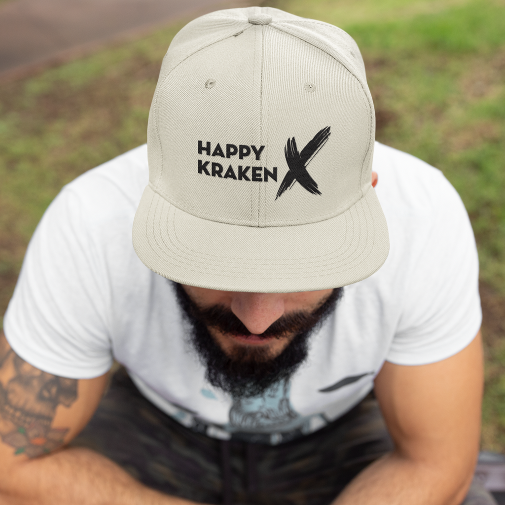 Man wearing grey heather snapback hat w/ HappyKrakenX logo