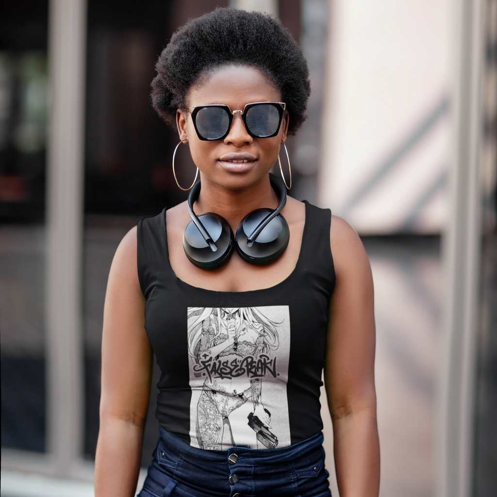 a woman with sunglasses and headphones around her neck, wearing a black tank top with the irezumi design from Falsepeak_