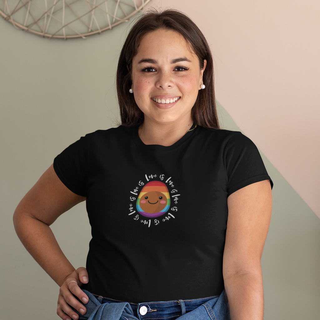 Woman wearing a black shirt with the pascal love is love design