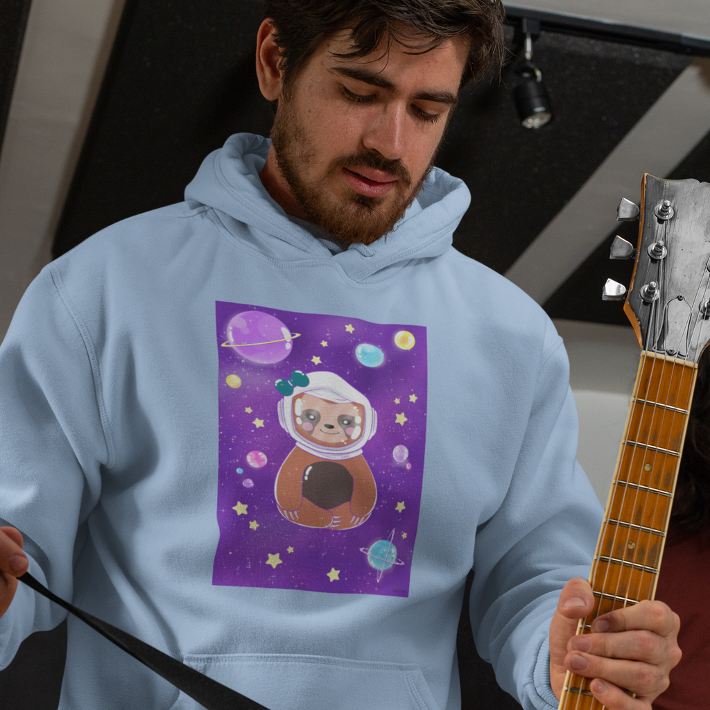 man holding a guitar wearing a blue hoodie with the fred in space design.
