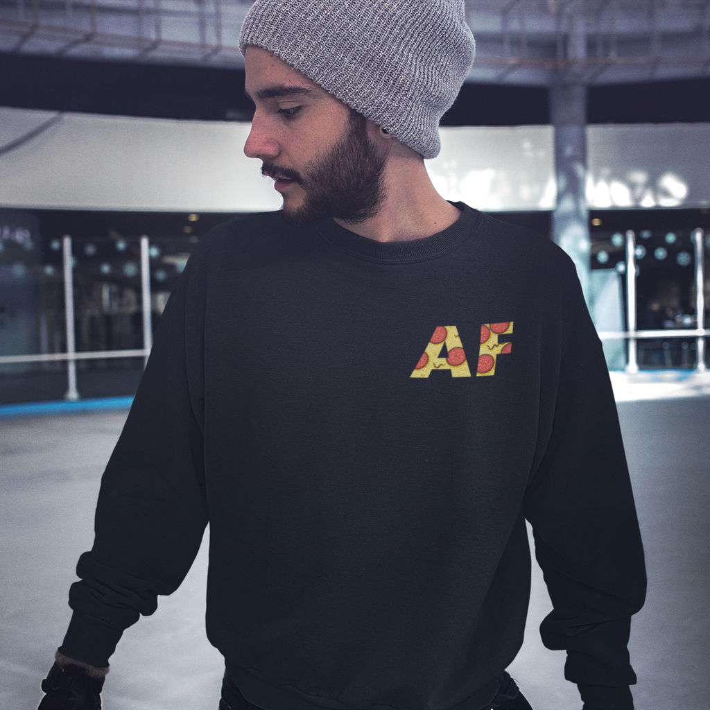 Man wearing black crewneck sweatshirt w/ AF Pizza design