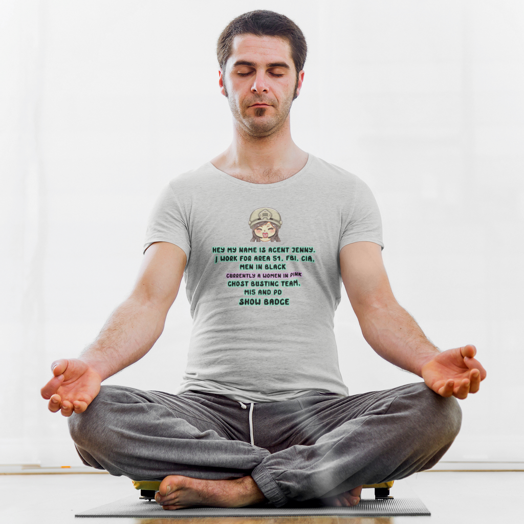 a man meditating wearing a heather grey tshirt with the agent jenny design from TizzyTam
