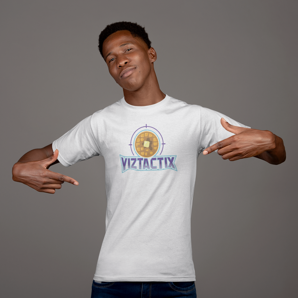 Man wearing white short-sleeve t-shirt with Yiztactix logo