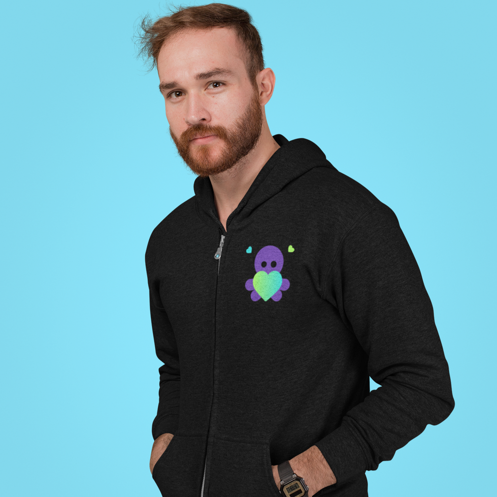 Man wearing black heather zip-up hoodie with Kraken Love logo on left chest