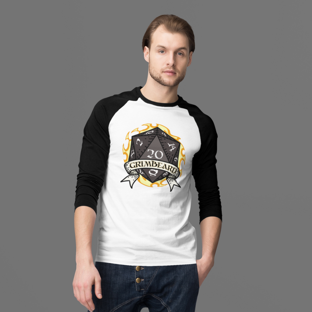 Man wearing black and white baseball tee with D20 design
