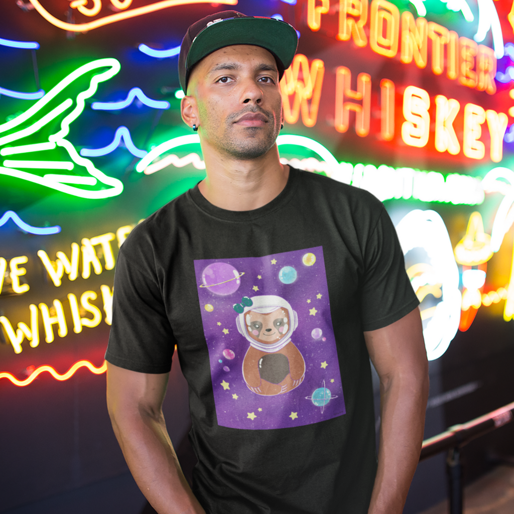 man standing in front of neon signs wearing a black tshirt with the megggg space fred design