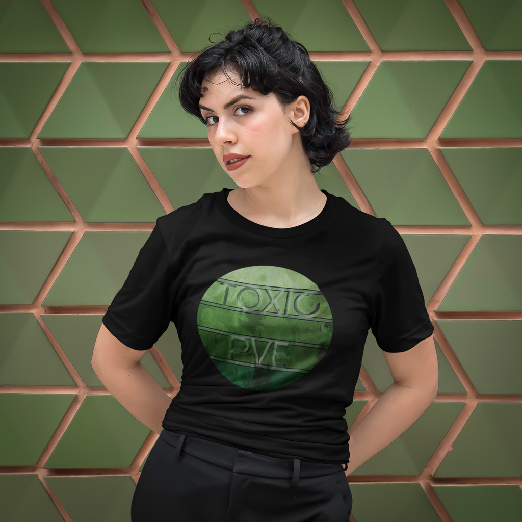 Woman wearing black short-sleeve tee with Toxic PvE design