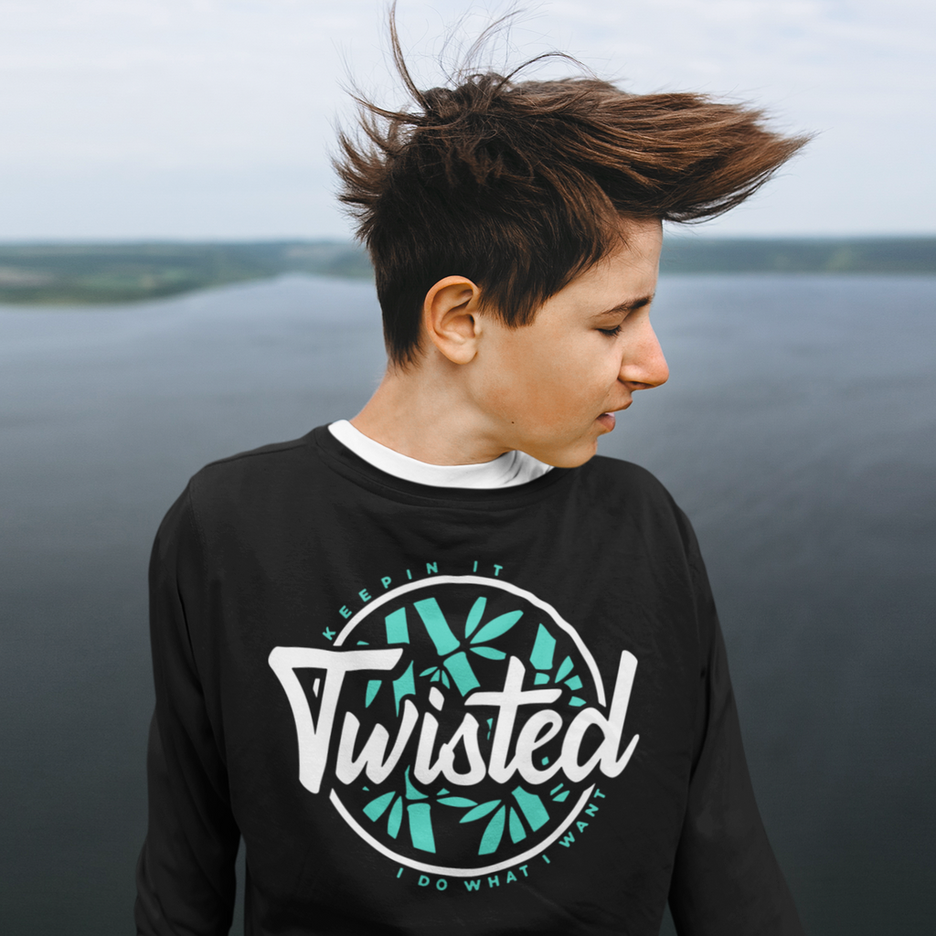 Person wearing long-sleeve black t-shirt with KeepinItTwisted Bamboo Twisted Design
