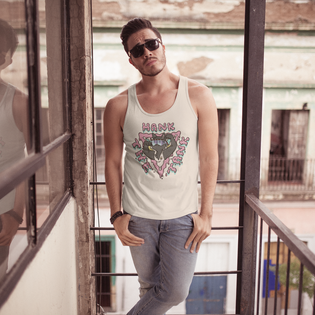 a man leaning against a railing wearing jeans and a off white tank top with the hank the tank design from kevin saxby