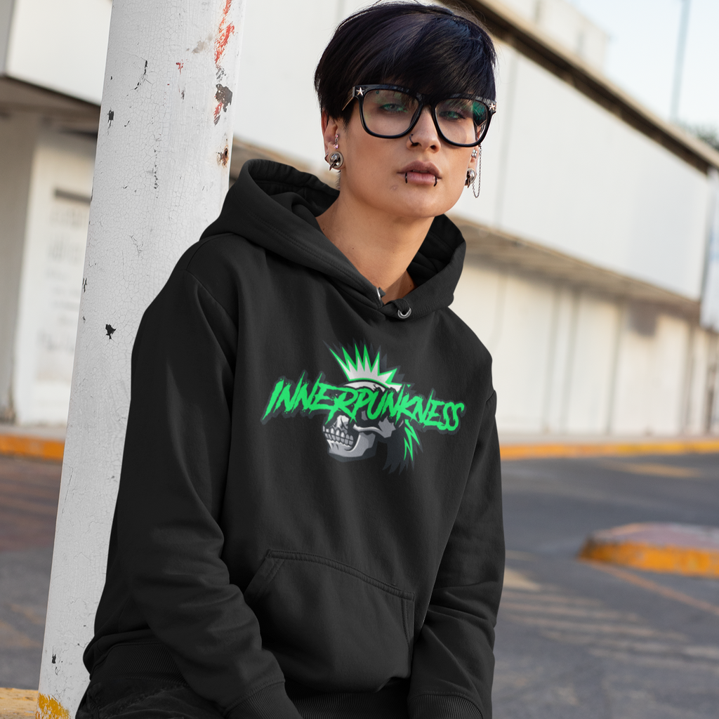 Woman wearing black hoodie w/ Innerpunkness logo