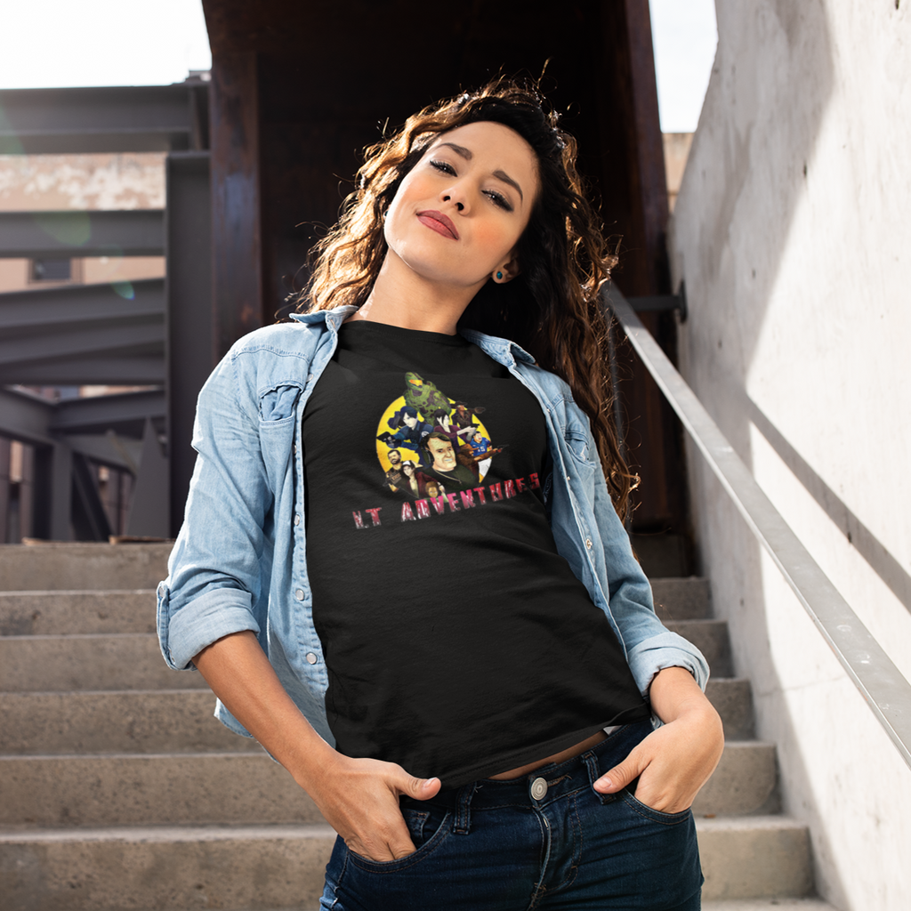 a woman posing in front of a staircase wearing a black tshirt with the Lt Adventures design from Forward Progress
