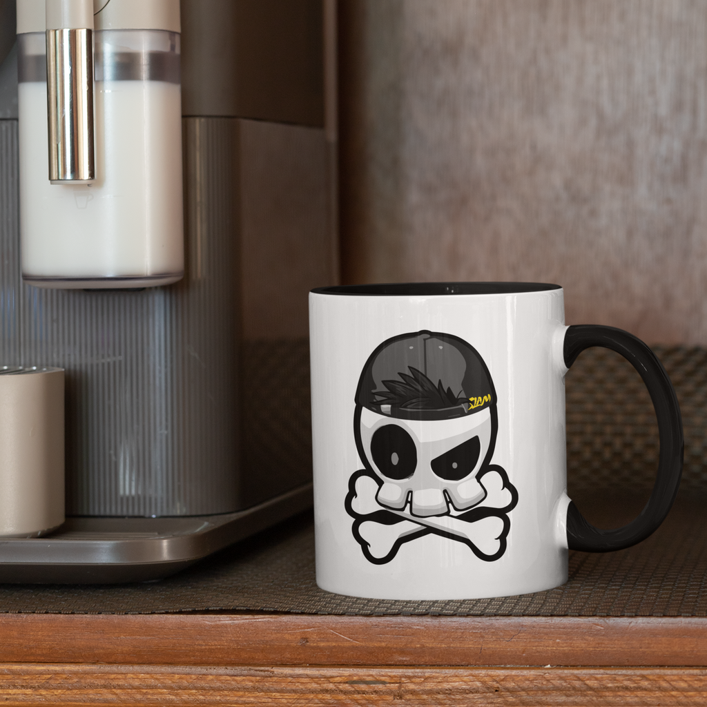 a mug with black inside and black handle and the SLaMDannigan Skull logo on the front.