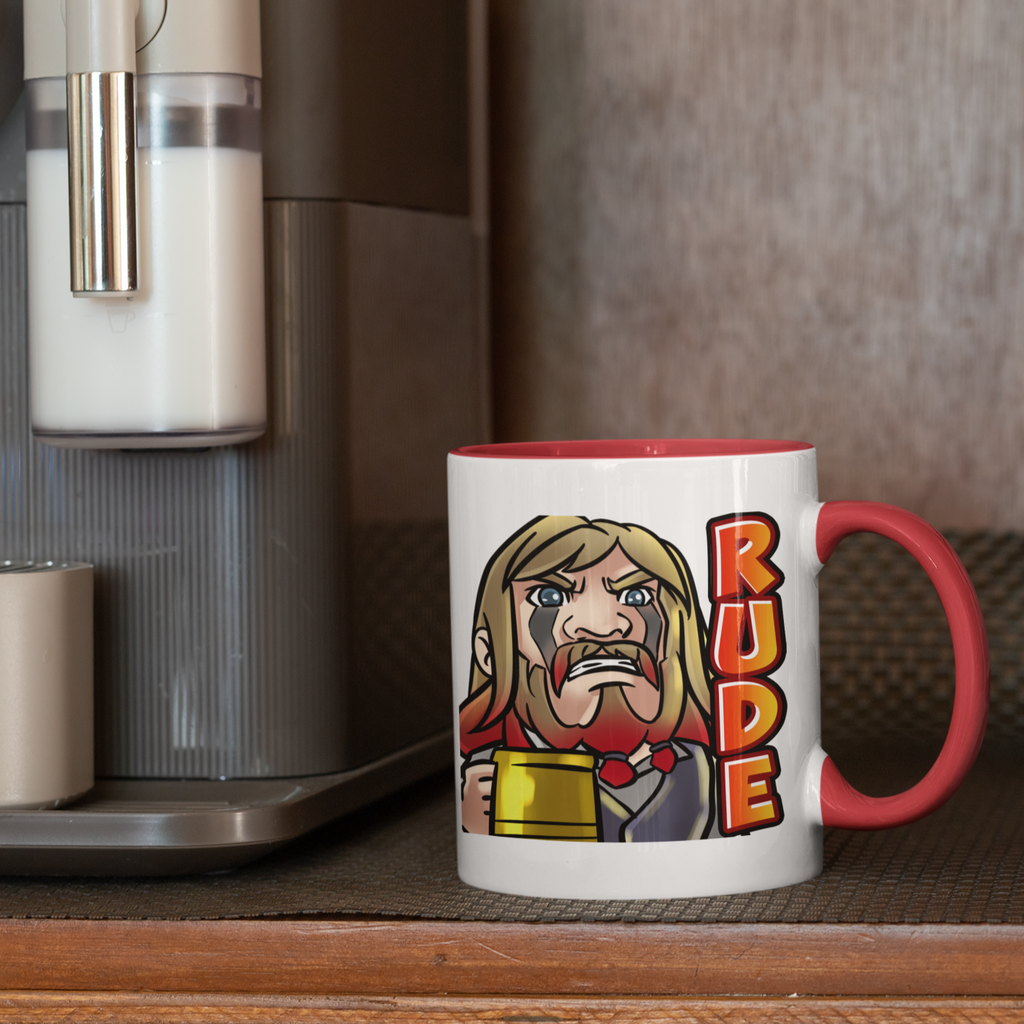 mug with red handle and red inside with the ladgaman rude Viking design. 