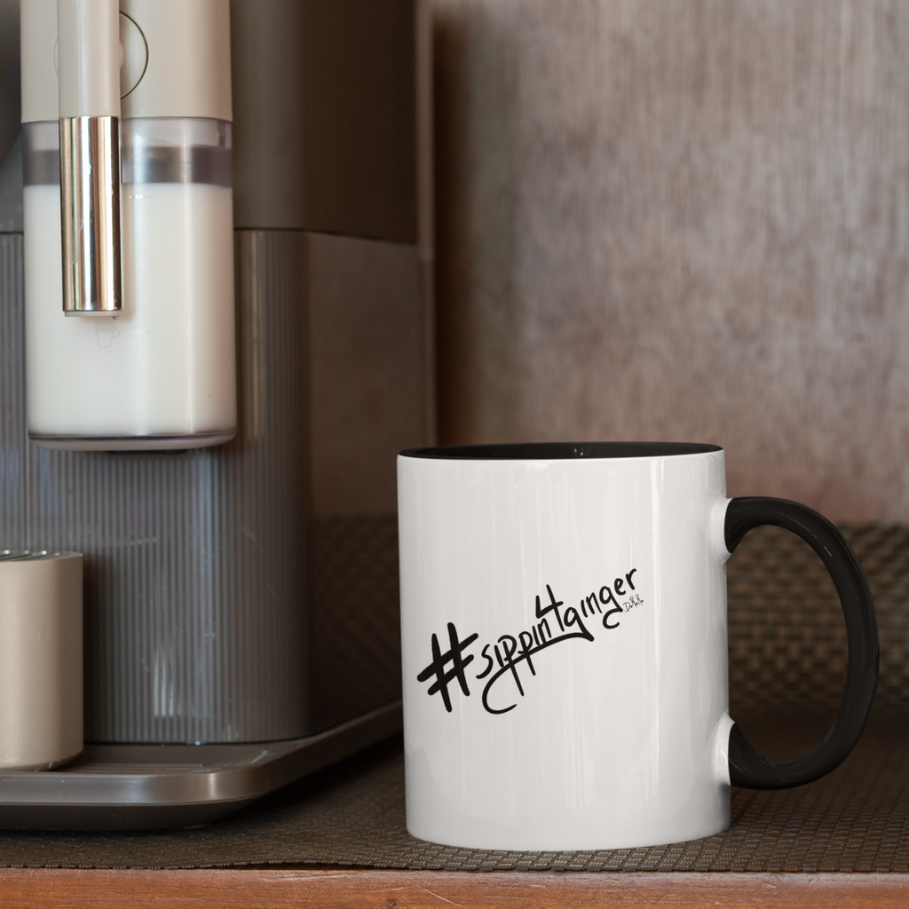 a mug on the counter with an espresso machine with the sippin4ginger design from gingersnaps67