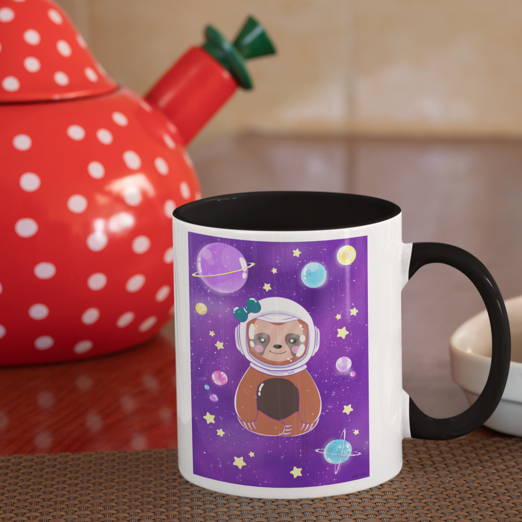 mug with black rim and black handle and the space fred design on it