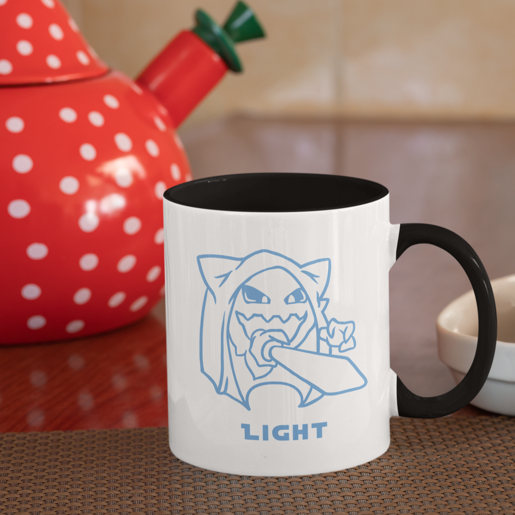 a mug with a black rim and handle and the GeorgeWAmbush Light design