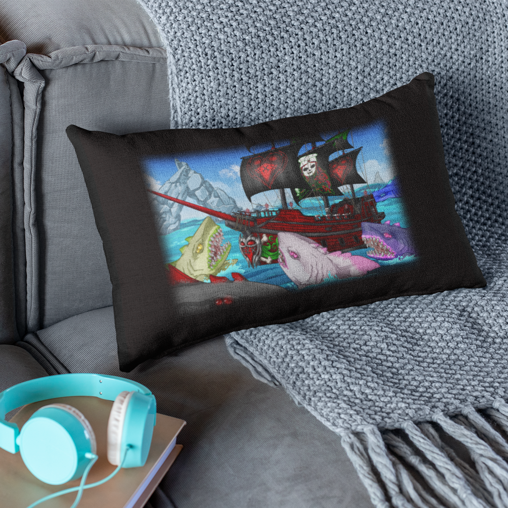 a black pillow with the prisoned heart megalodon party scene on it