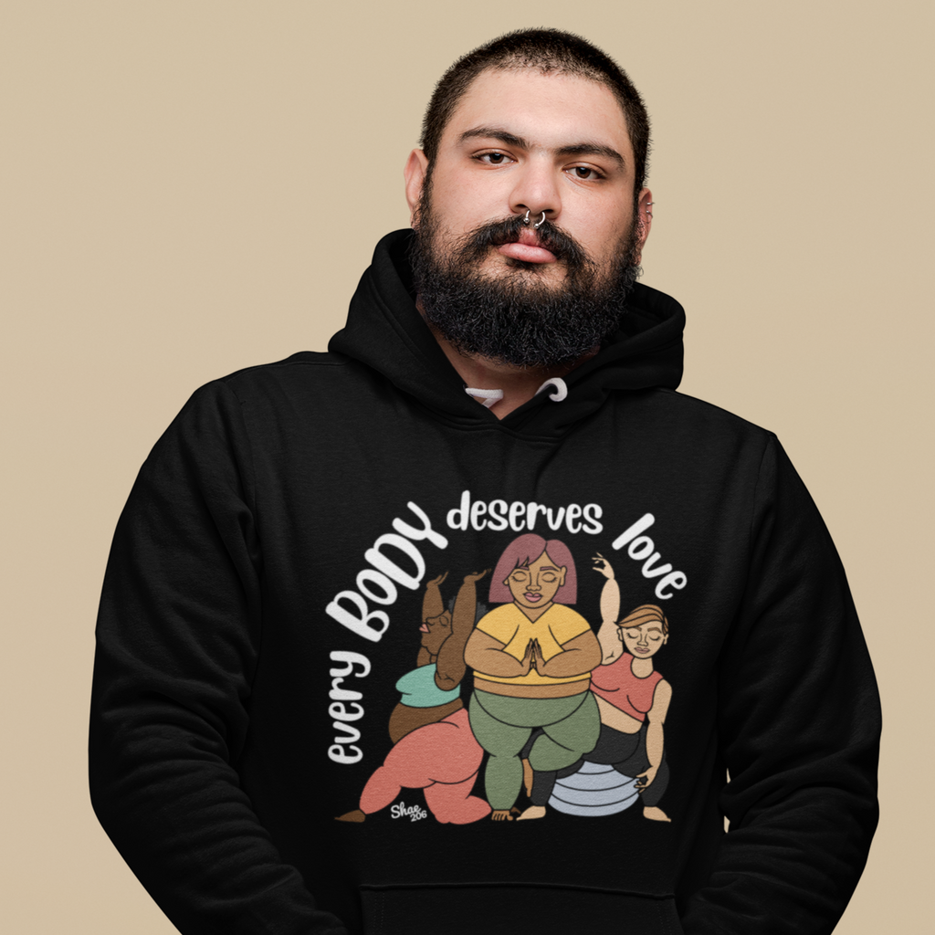 a man with a beard wearing a black hoodie with the every body deserves love design from shae206