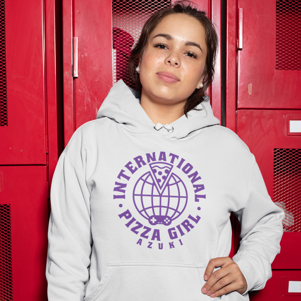 Woman wearing white hoodie with purple International Pizza Girl design