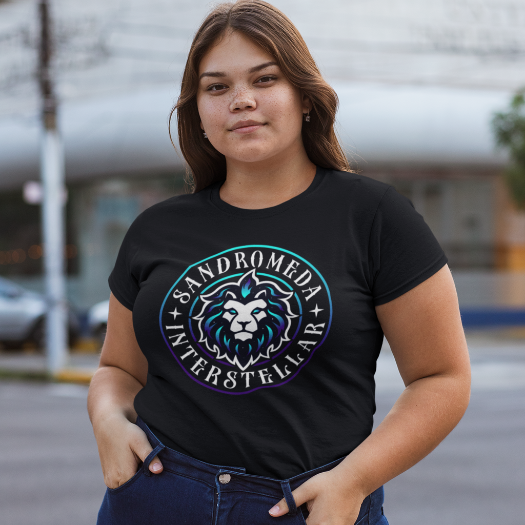 Woman wearing black short-sleeve t-shirt with Sandromeda Interstellar design