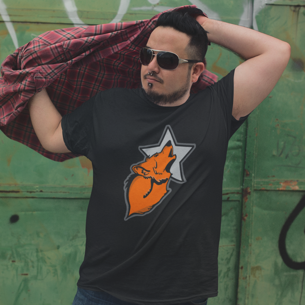 man with sunglasses putting on a flannel shirt wearing a black tshirt with the WolfStar76 logo on it.