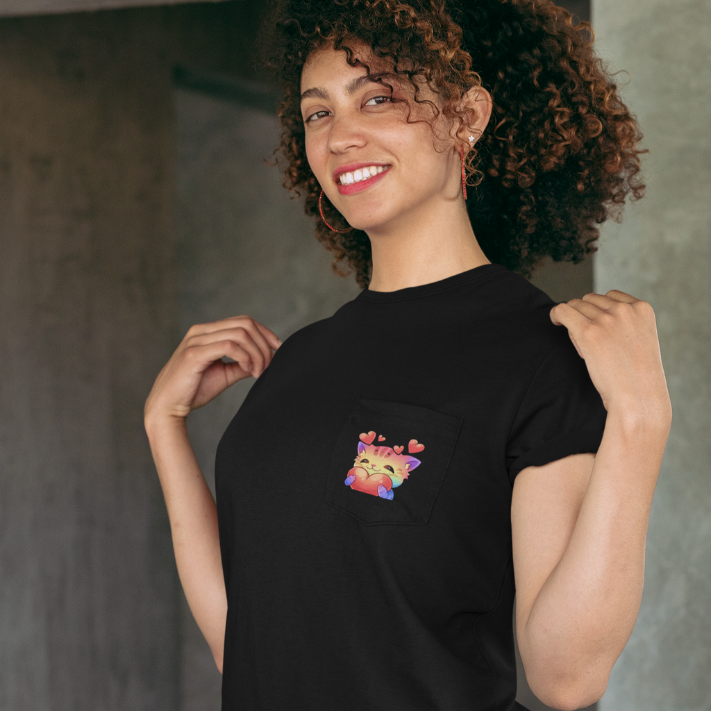Woman wearing black short-sleeve pocket tee with Rainbow Kitty design