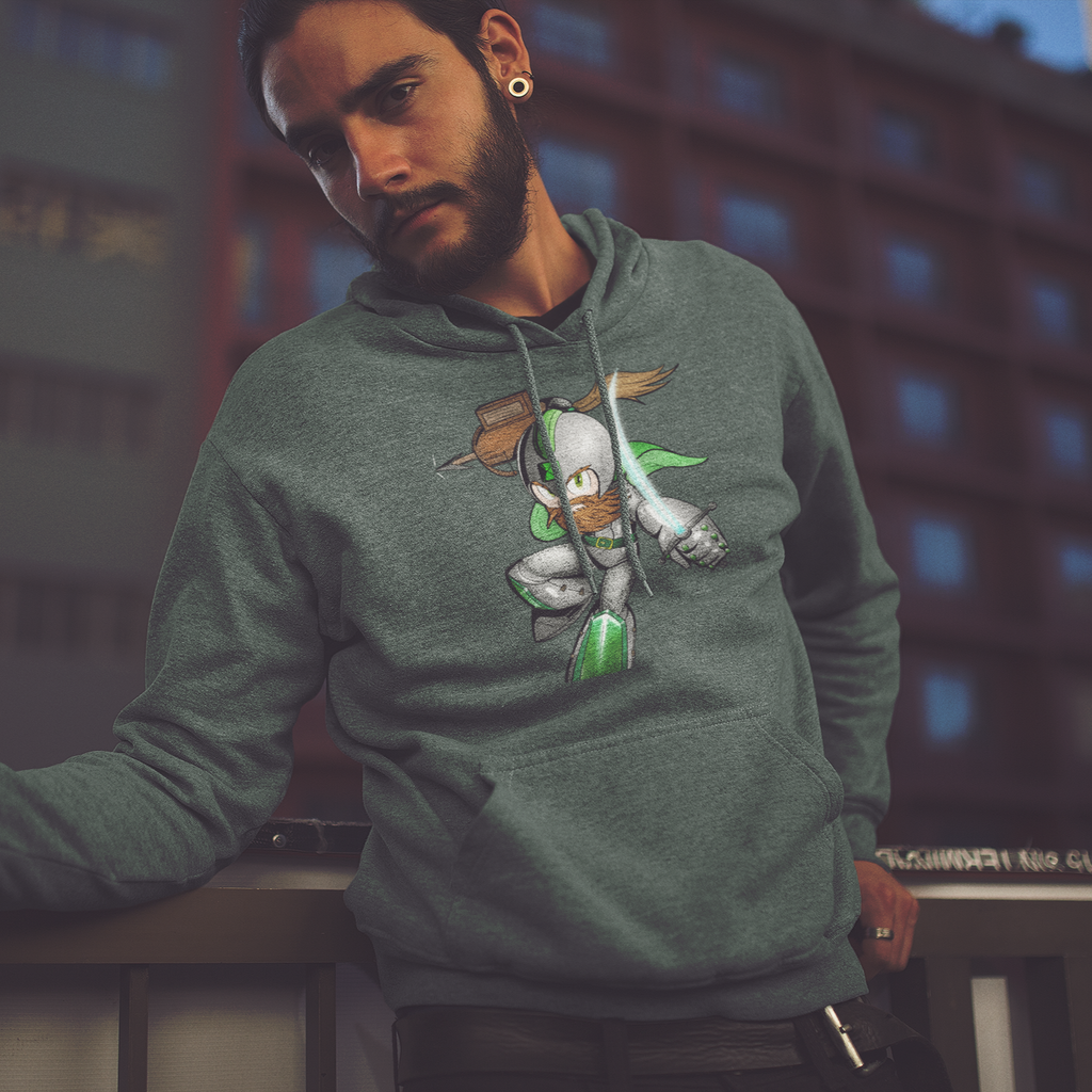 a man leaning against a railing wearing a heather green hoodie with the megaman2202 logo design