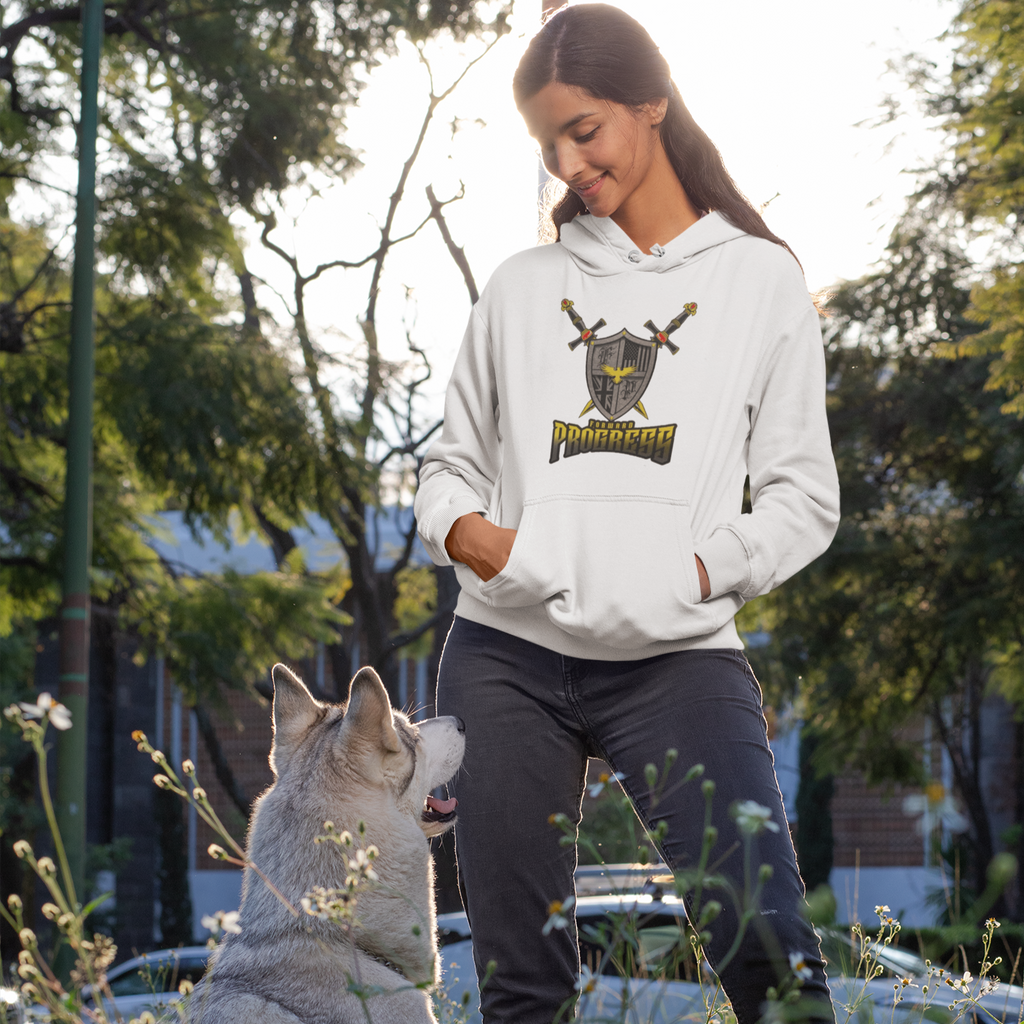 a woman and her dog, the woman is wearing a white hoodie with the forward progress logo on it