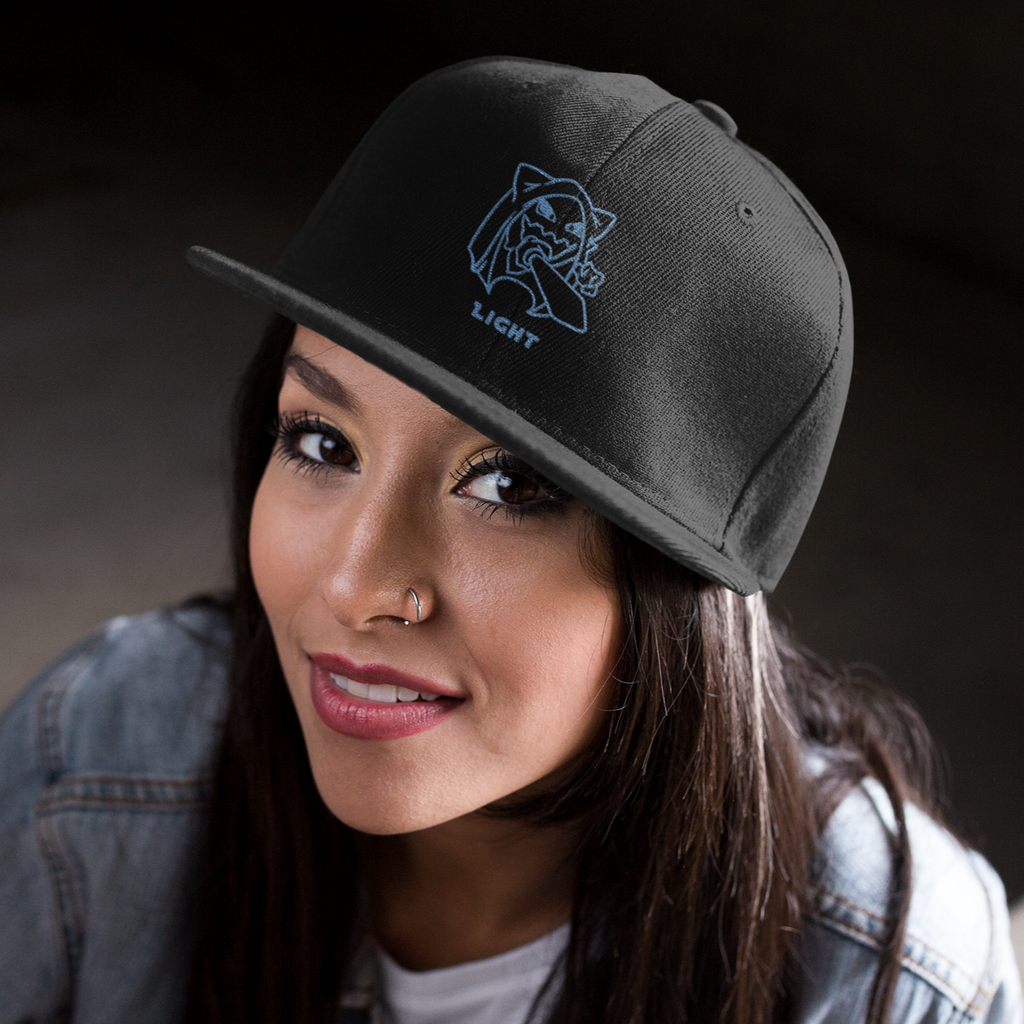 a woman with long hair wearing a black snapback with the light design from GeorgeWAmbush