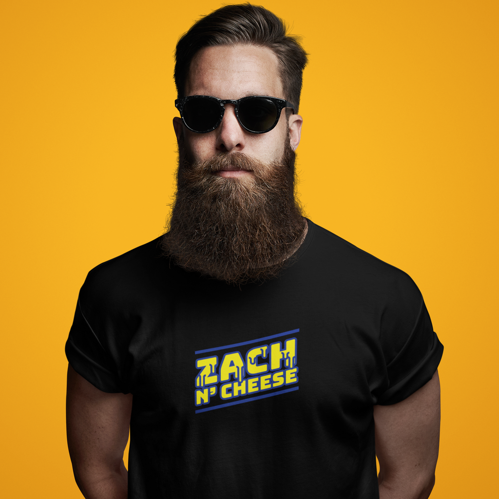 Man in sunglasses wearing black short-sleeve tee with ZachNCheese design