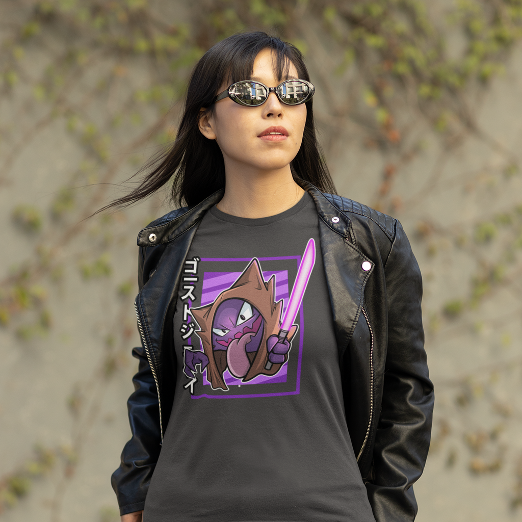 a woman wearing sunglasses, a leather jacket, and a dark grey heather tshirt with the haunter tongue desing from GeorgeWAmbush