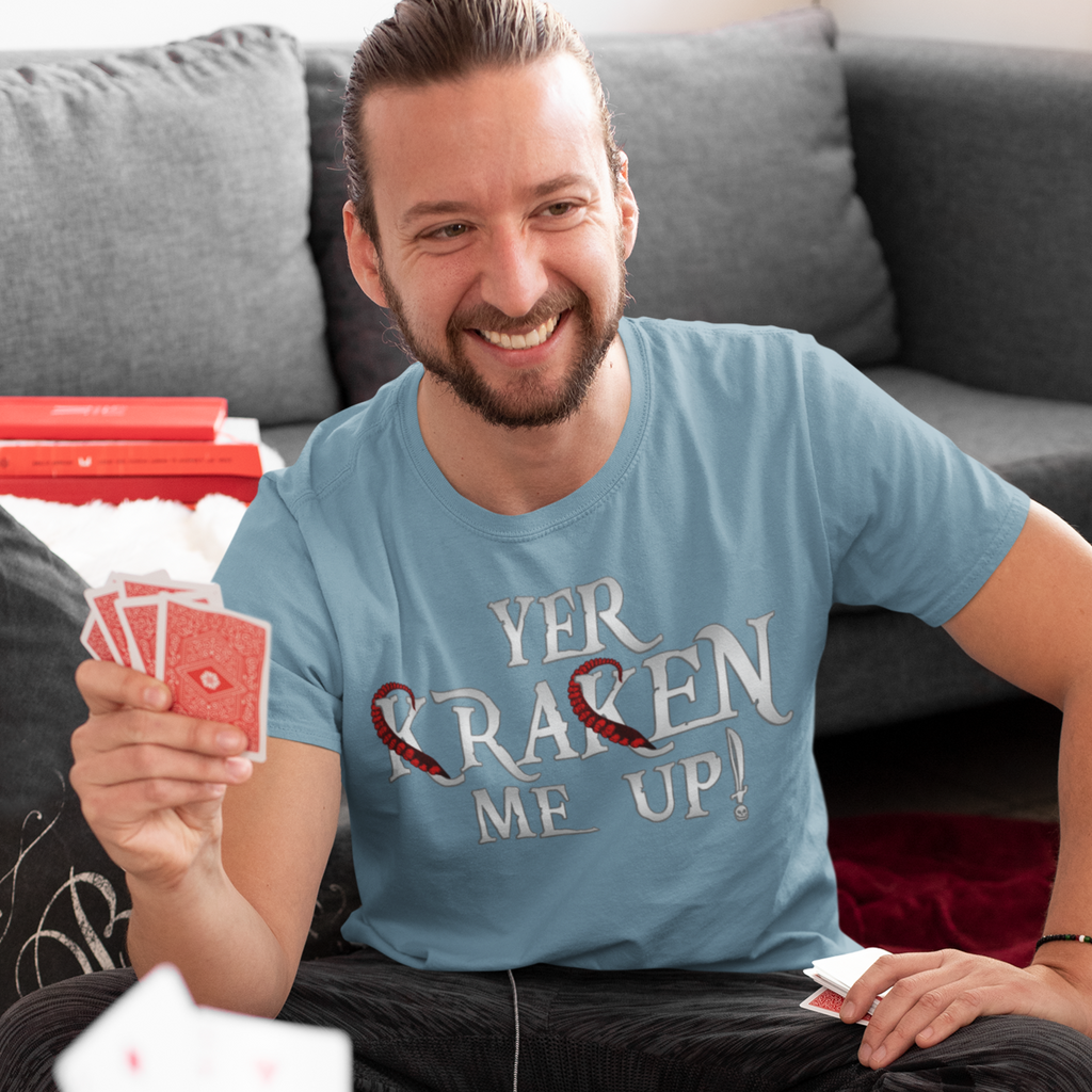 man playing cards wearing a blue poisoned heart yer kraken me up tshirt