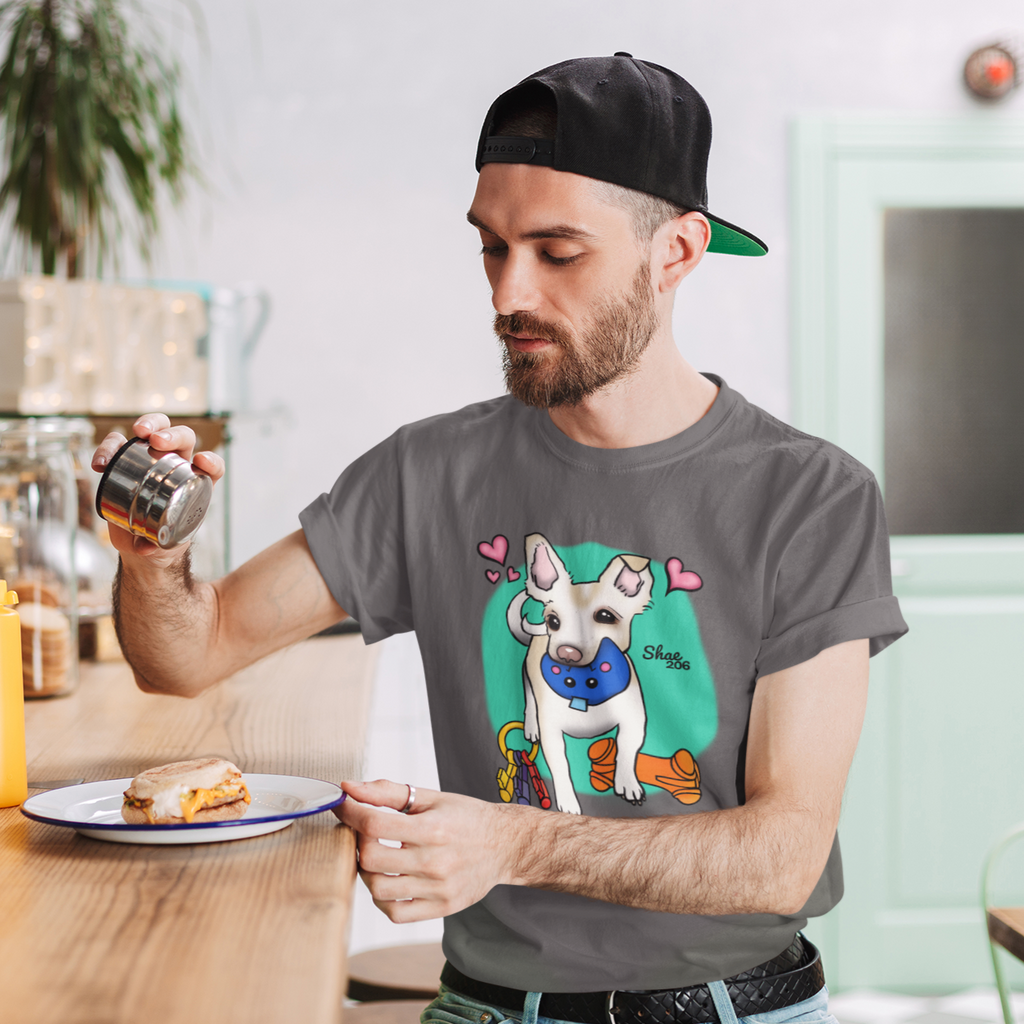 a man eating a breakfast sandwich, wearing a grey tshirt with the seven's heaven design from shae206