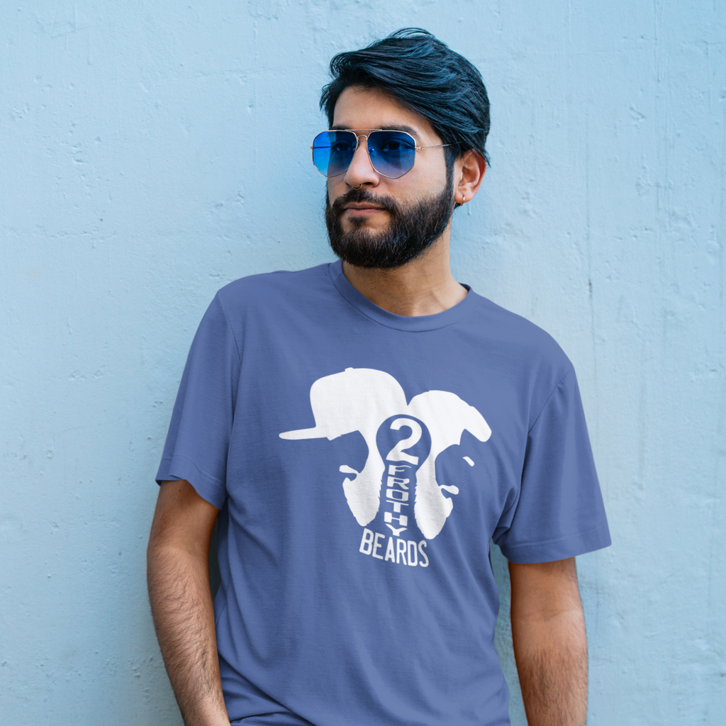 a man with sunglasses wearing a heather true royal tshirt with the TFB design from twofrothybeards