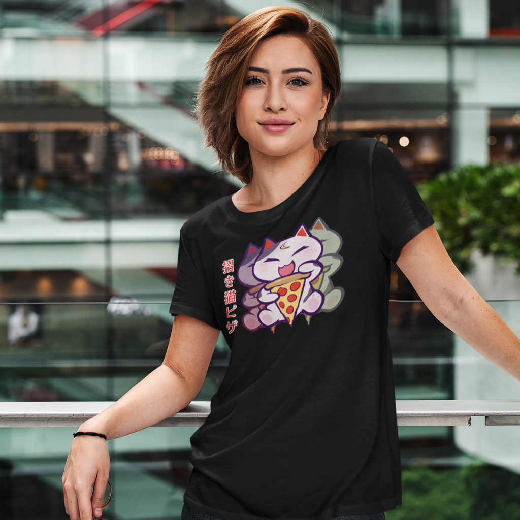 Woman wearing black short-sleeve t-shirt with Lucky Cat design