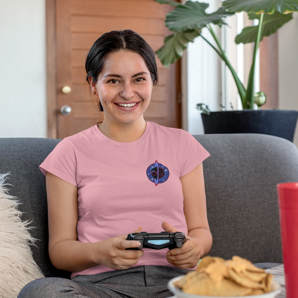 a woman playing playstation wearing a ping tshirt with the beards in the black design